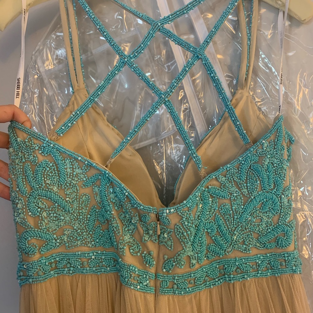 Sherri Hill Aqua and Beige Beaded Prom Dress size 12